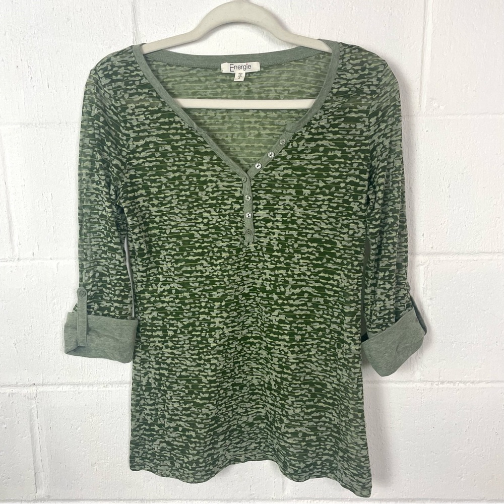 Energie‎ Fitted Y2K Top Deep V-Neck Sheer Green Camo Roll Tab Sleeves Preppy L